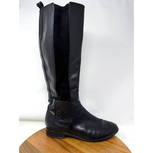 Torry Burch Wyatt Black Leather Suede Tall Riding Zip Block Heel Size 8.5 M‎